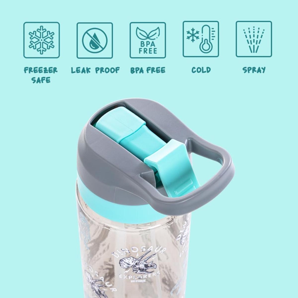 زجاجة مياه إيزي كيدز سعة 750 مل بتصميم ديناصور رمادي مصنوعة من مادة التريتان مع بخاخ