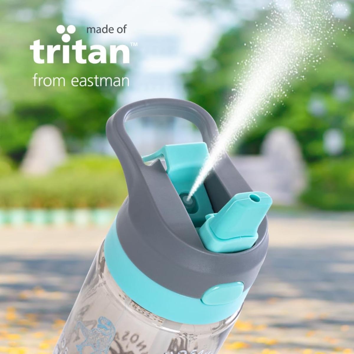 زجاجة مياه إيزي كيدز سعة 750 مل بتصميم ديناصور رمادي مصنوعة من مادة التريتان مع بخاخ
