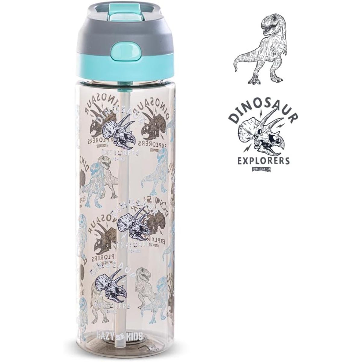 زجاجة مياه إيزي كيدز سعة 750 مل بتصميم ديناصور رمادي مصنوعة من مادة التريتان مع بخاخ