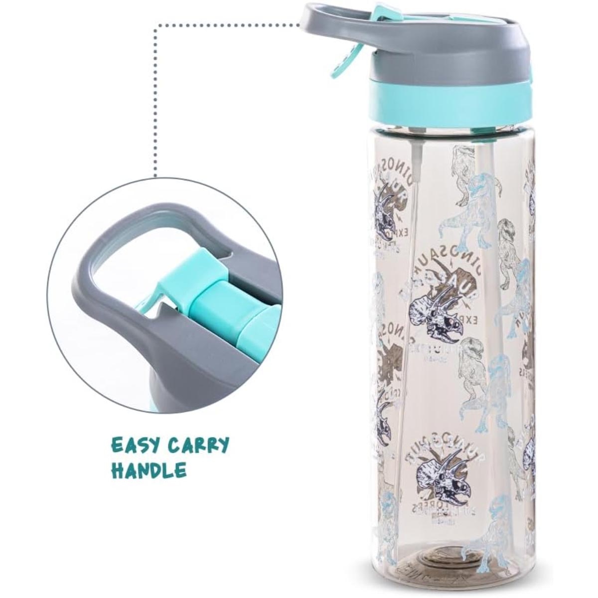 زجاجة مياه إيزي كيدز سعة 750 مل بتصميم ديناصور رمادي مصنوعة من مادة التريتان مع بخاخ