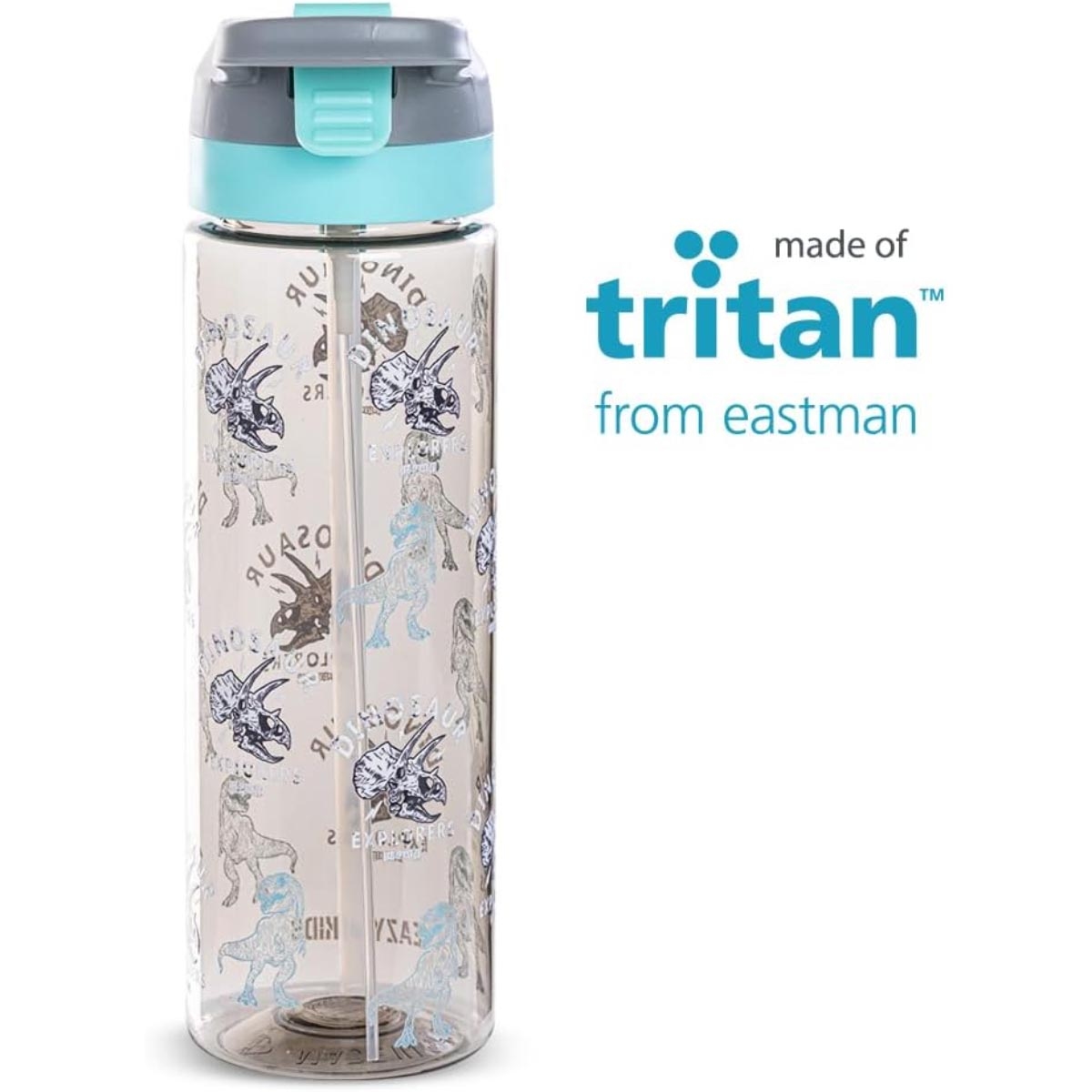 زجاجة مياه إيزي كيدز سعة 750 مل بتصميم ديناصور رمادي مصنوعة من مادة التريتان مع بخاخ