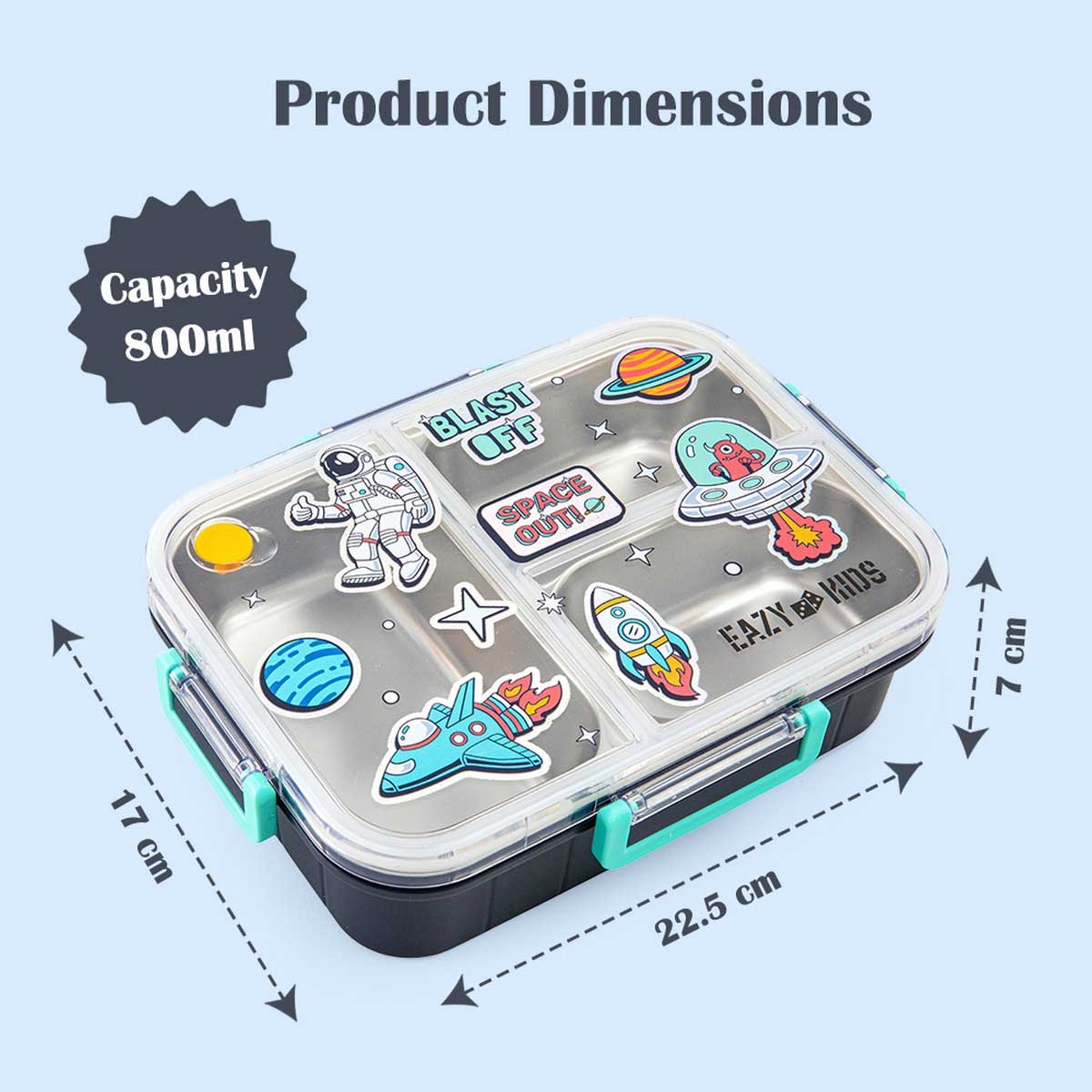 Eazy Kids 800ml Blue Space Out 3-Compartment Bento Lunch Box