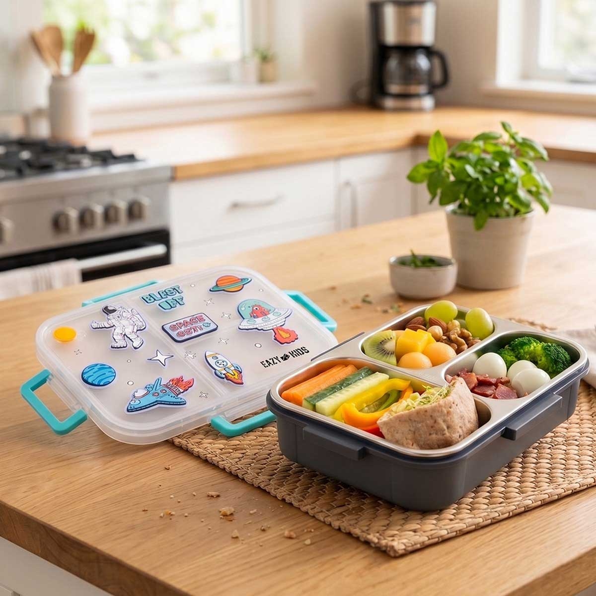 Eazy Kids 800ml Blue Space Out 3-Compartment Bento Lunch Box
