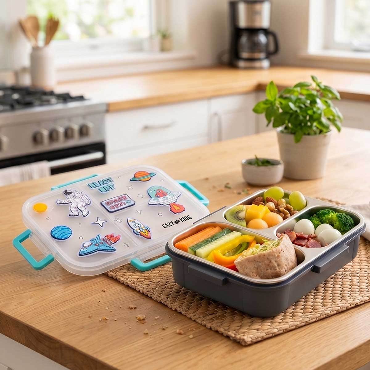 Eazy Kids 800ml Blue Space Out 3-Compartment Bento Lunch Box