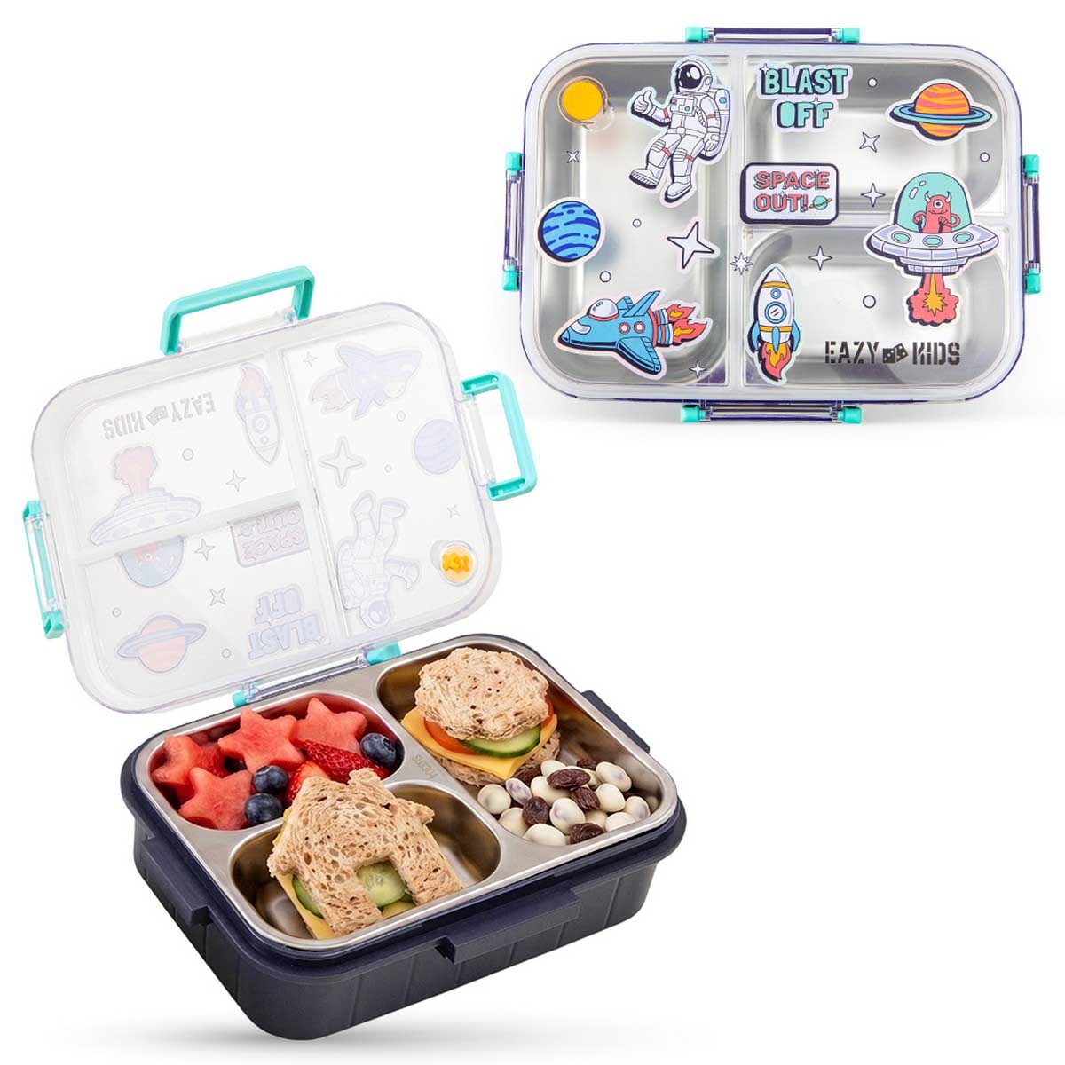 Eazy Kids 800ml Blue Space Out 3-Compartment Bento Lunch Box