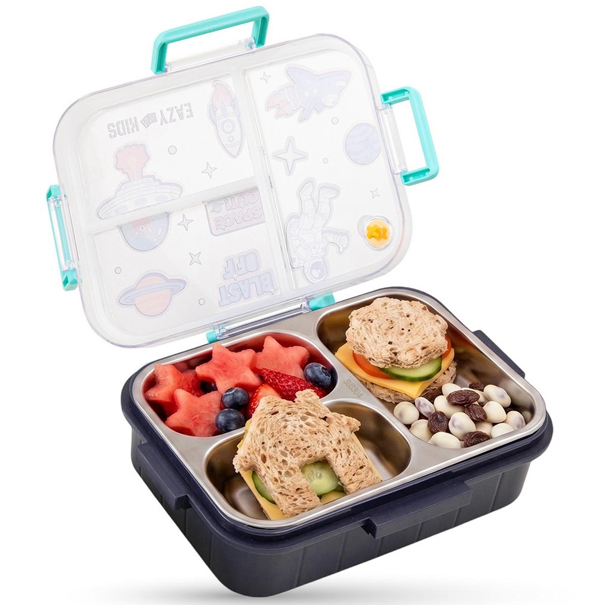 Eazy Kids 800ml Blue Space Out 3-Compartment Bento Lunch Box