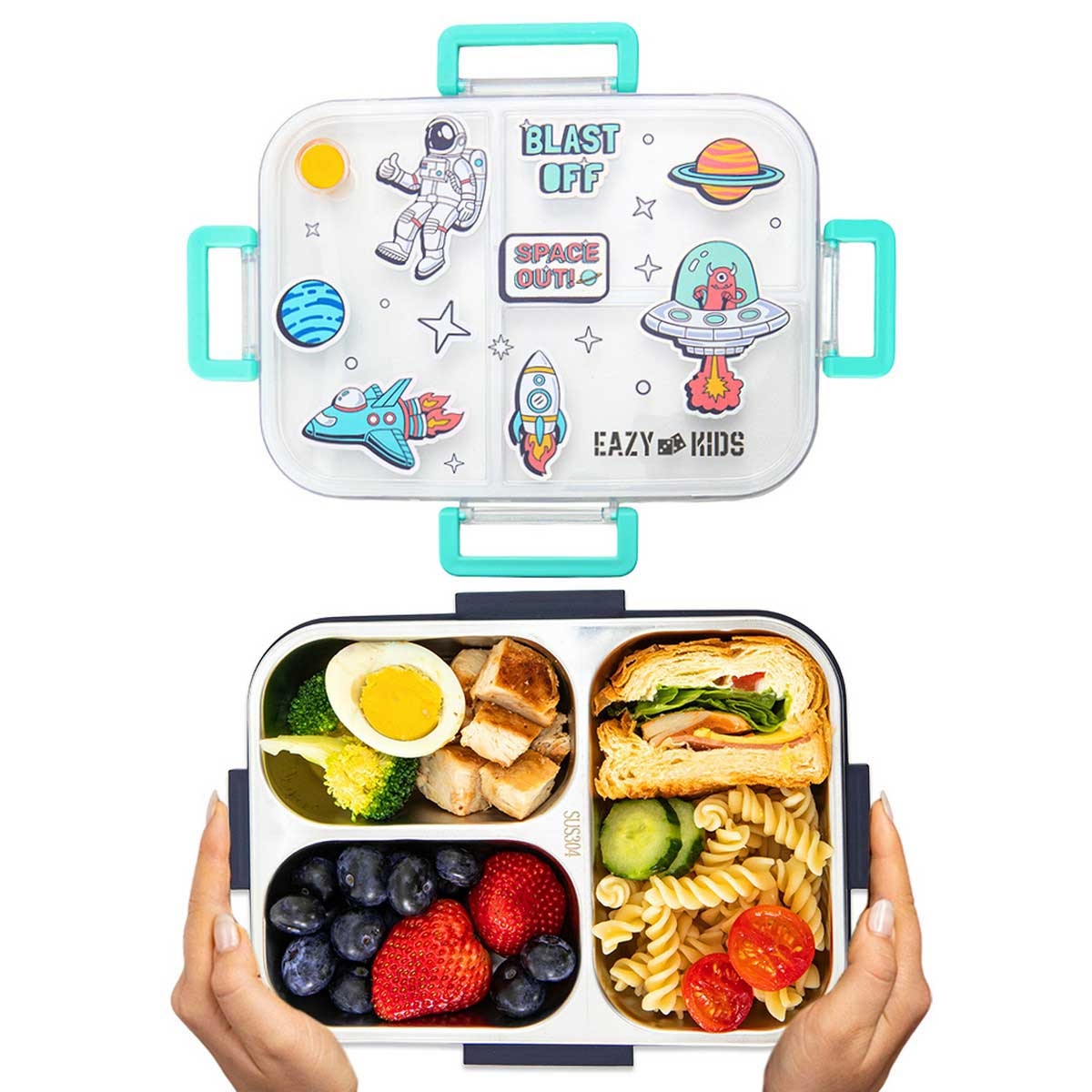 Eazy Kids 800ml Blue Space Out 3-Compartment Bento Lunch Box
