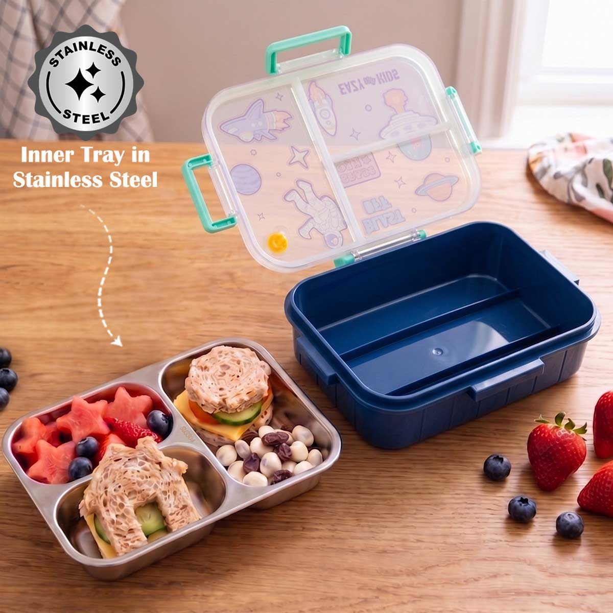 Eazy Kids 800ml Blue Space Out 3-Compartment Bento Lunch Box