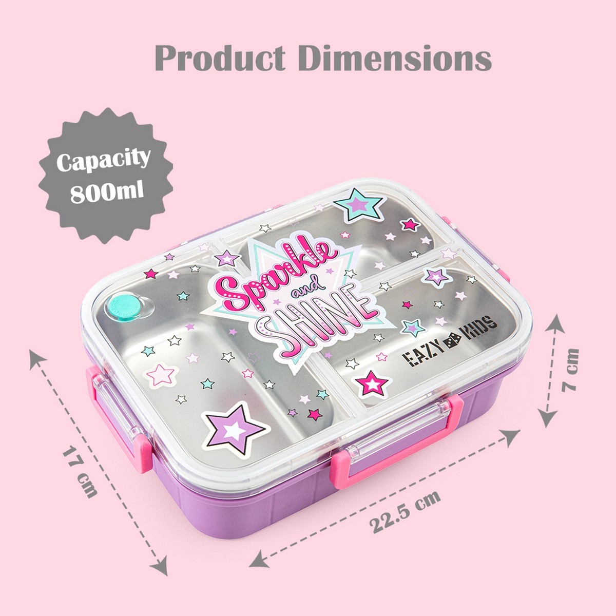 Eazy Kids 800ml Purple Sparkle Girl 3-Compartment Bento Lunch Box