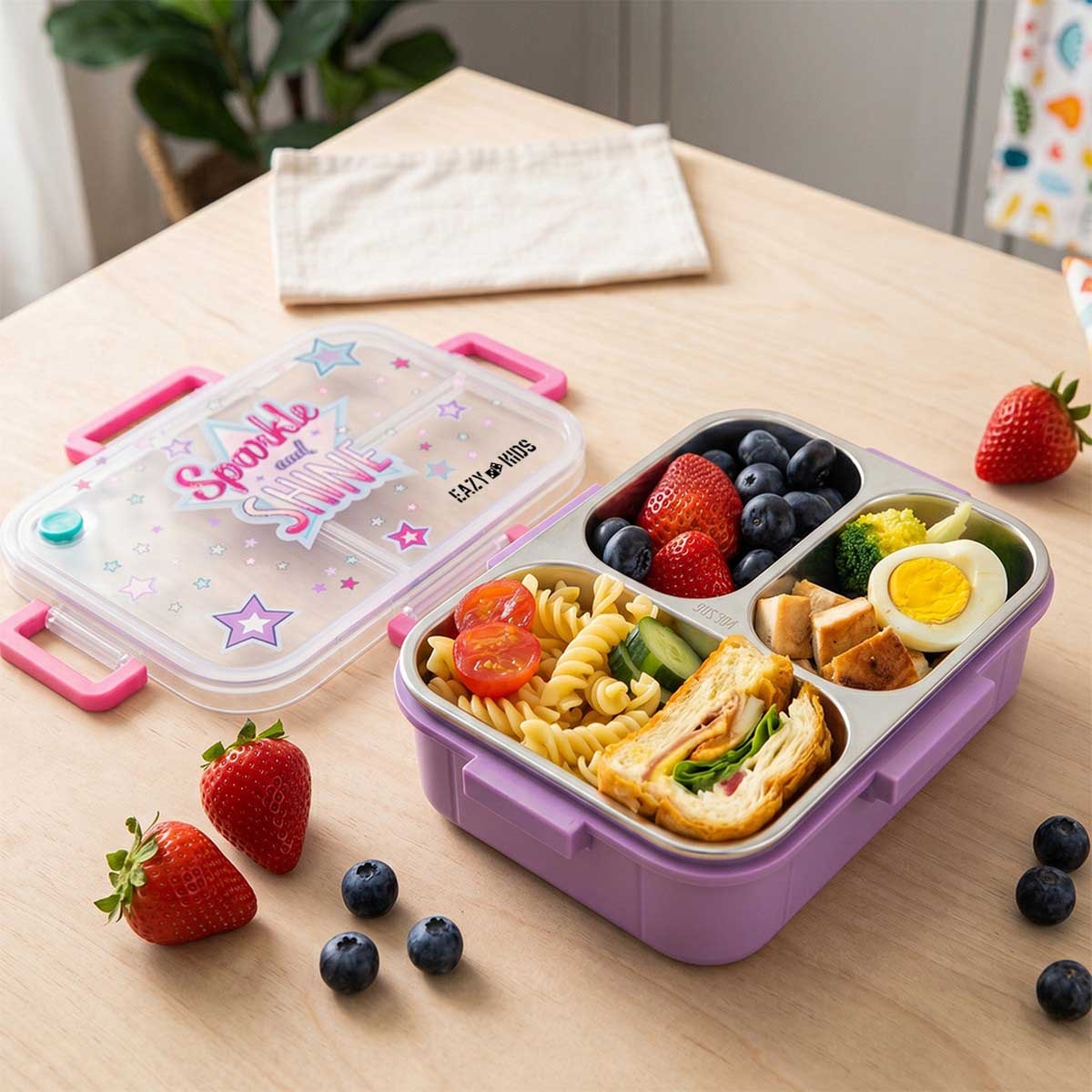 Eazy Kids 800ml Purple Sparkle Girl 3-Compartment Bento Lunch Box