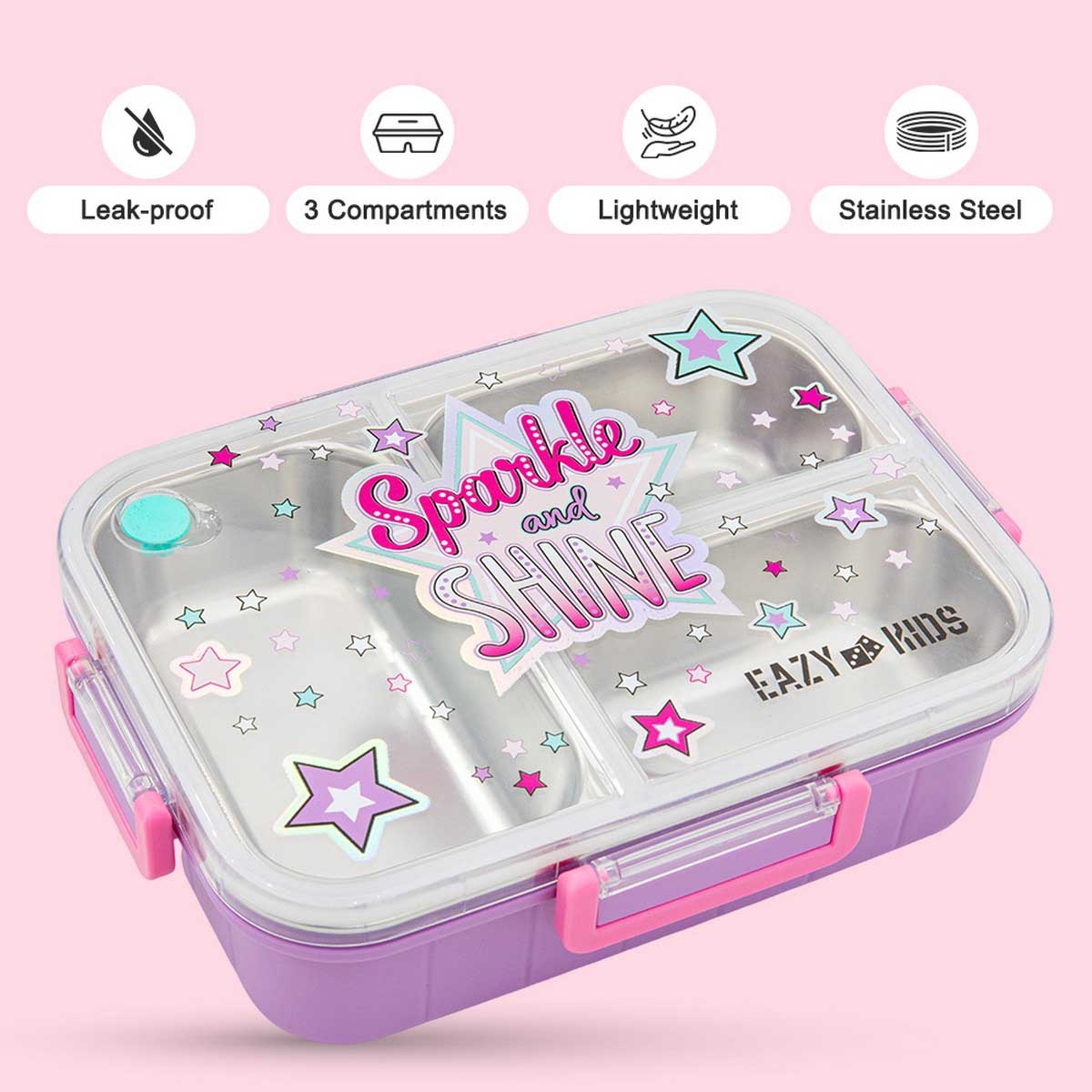 Eazy Kids 800ml Purple Sparkle Girl 3-Compartment Bento Lunch Box