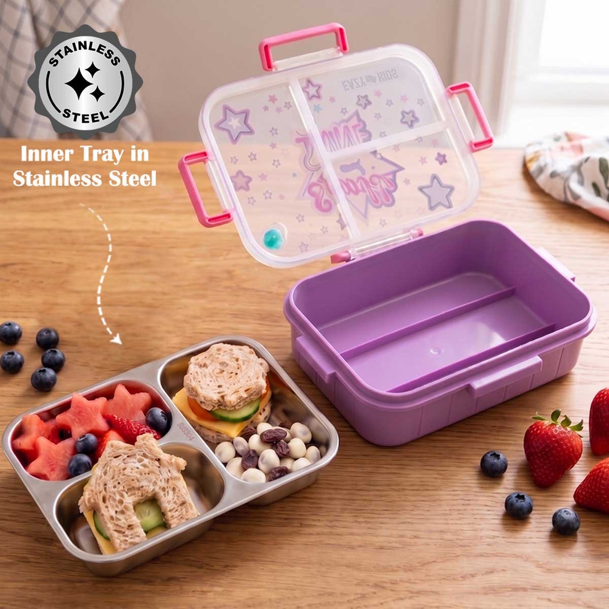 Eazy Kids 800ml Purple Sparkle Girl 3-Compartment Bento Lunch Box