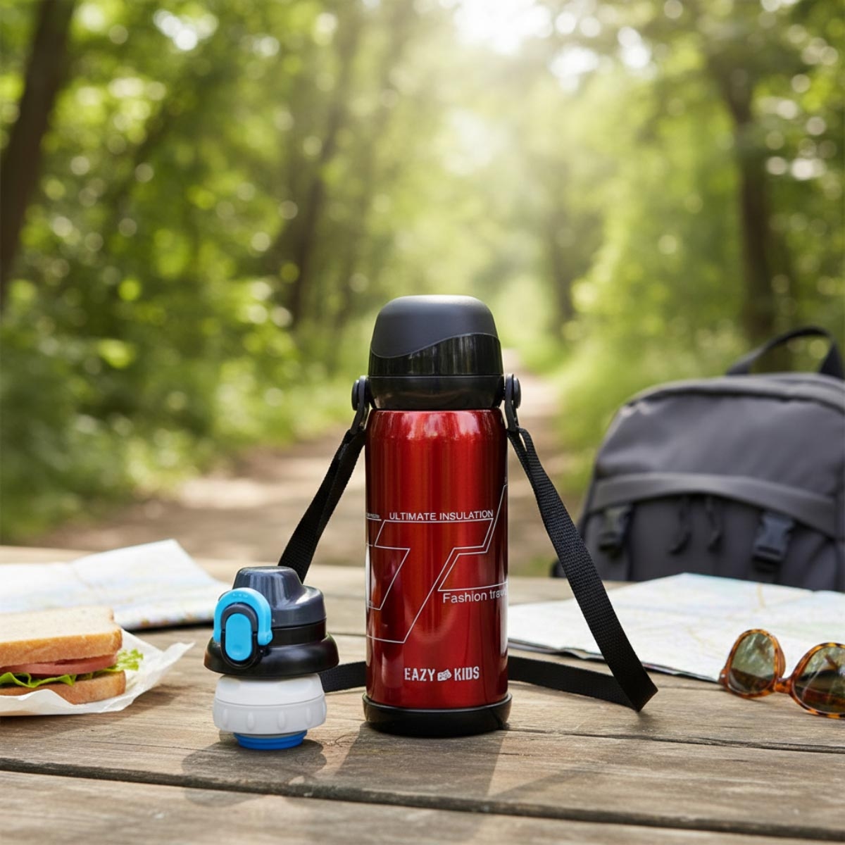 زجاجة مياه مدرسية معزولة بجدار مزدوج من إيزي كيدز، سعة 800 مل، لون أحمر