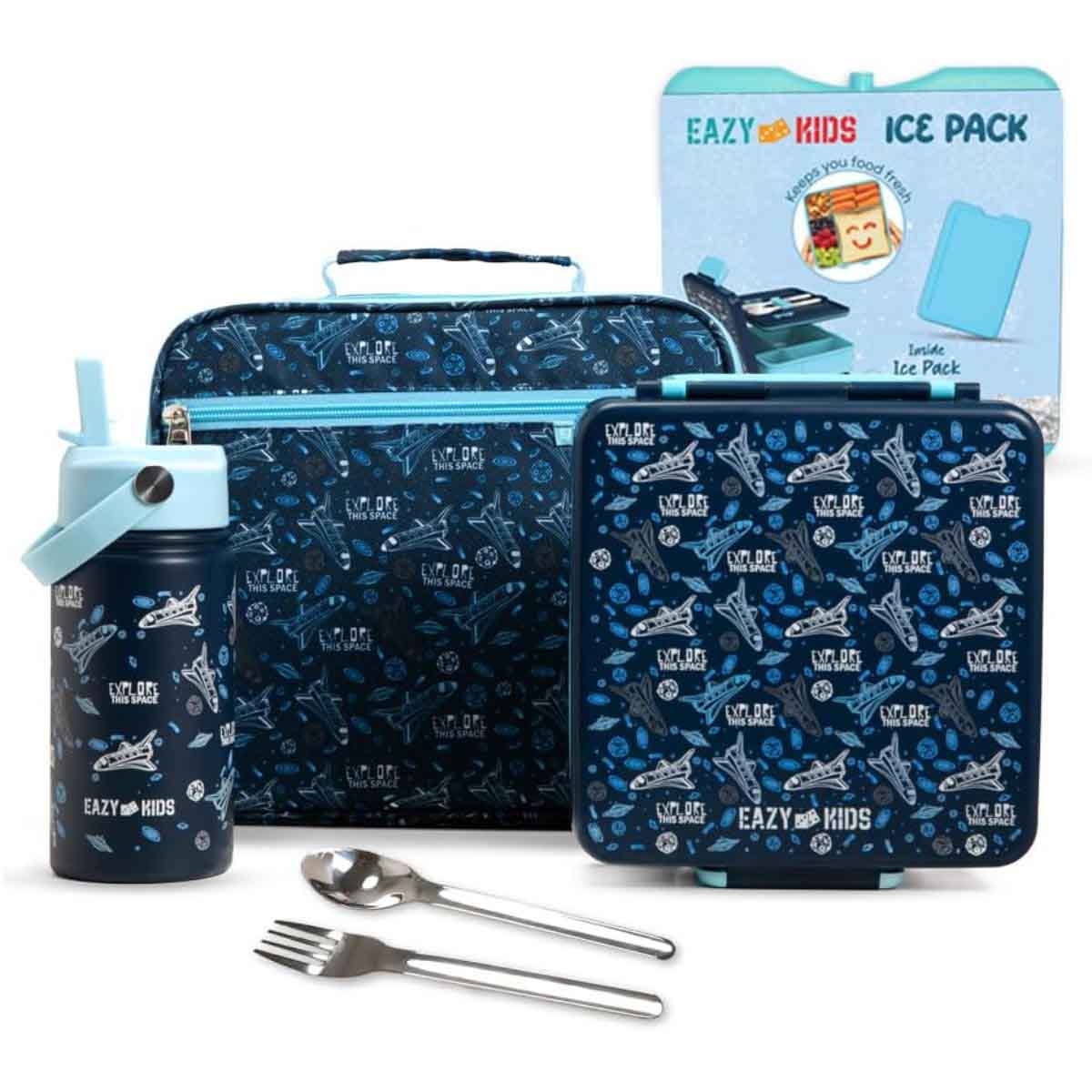 إيزي كيدز علبة غداء بنتو جامبو إيركرافت - مع قارورة ماء ستيل 360 مل وشنطة غداء معزولة ومجموعة ملعقة وشوكة