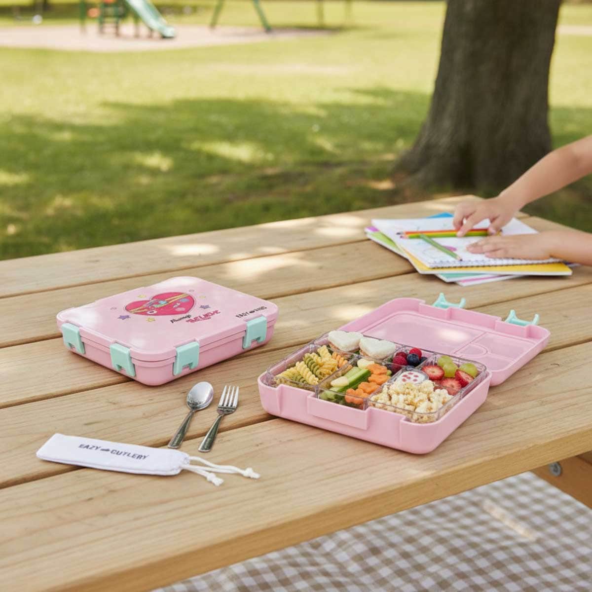 Eazy Kids Always Believe 6 & 4 Convertible Bento Lunch Box with Steel Spoon & Fork Set