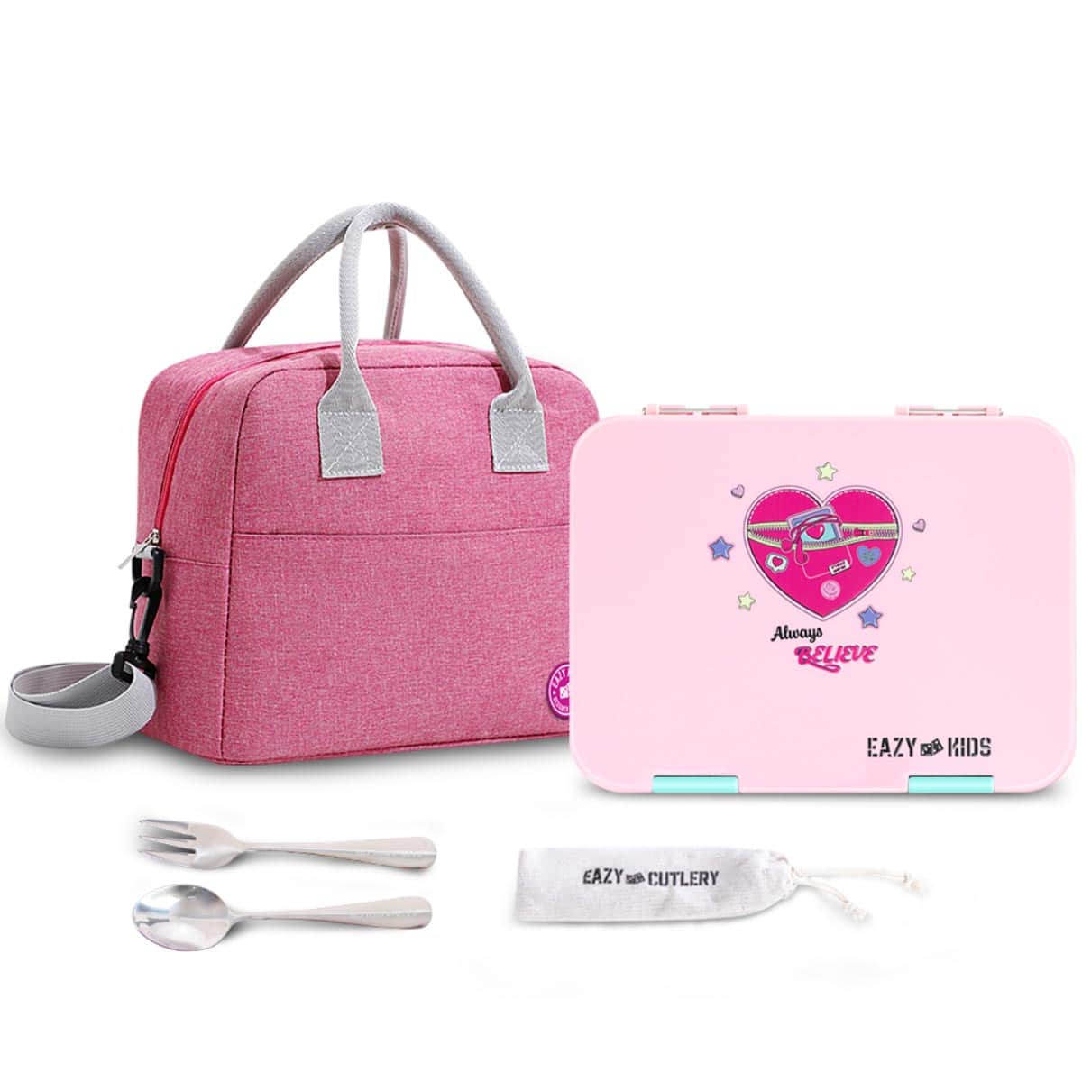Eazy Kids Always Believe Pink Convertible Bento Lunch Box with Insulated Lunch Bag