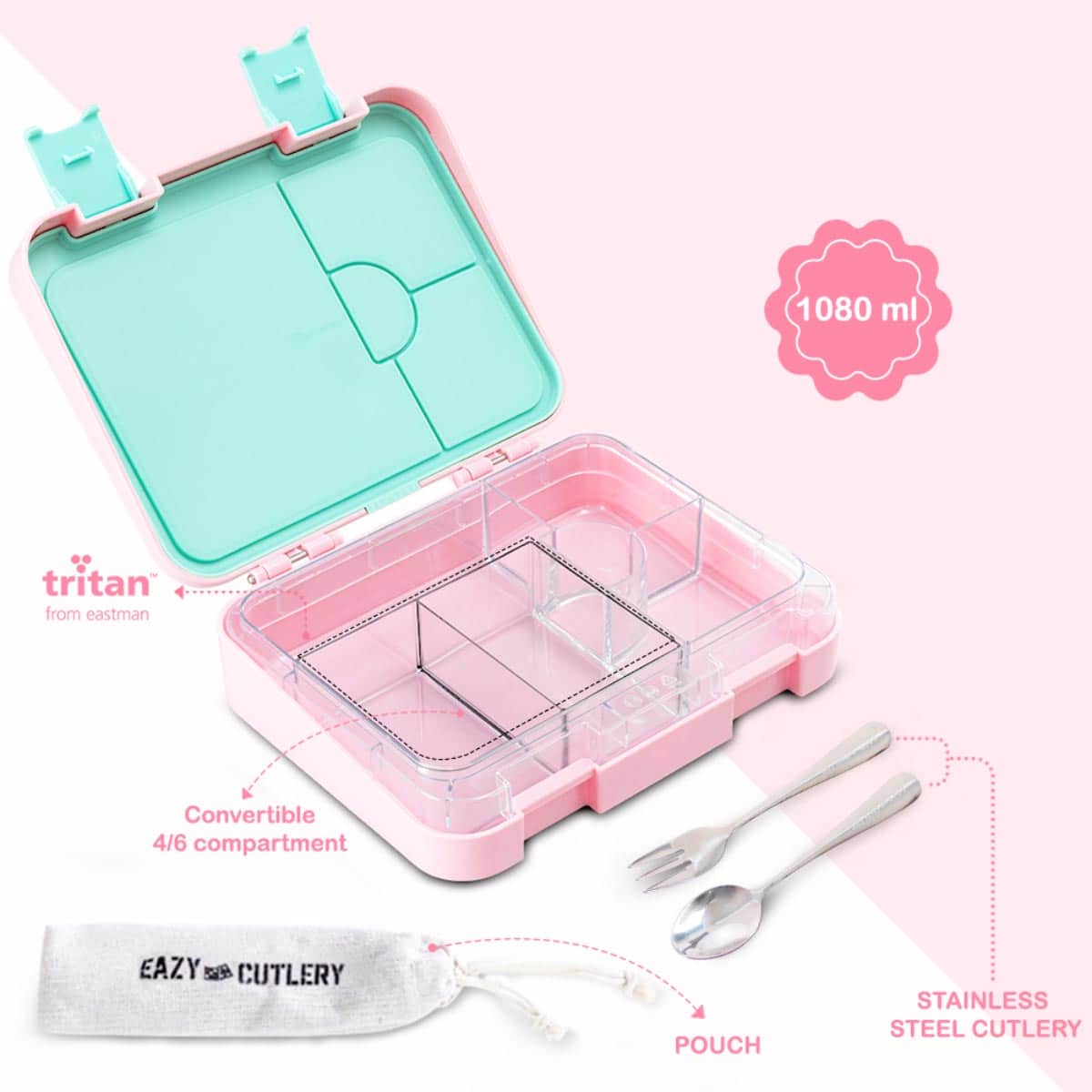 Eazy Kids Always Believe Pink Convertible Bento Lunch Box with Insulated Lunch Bag