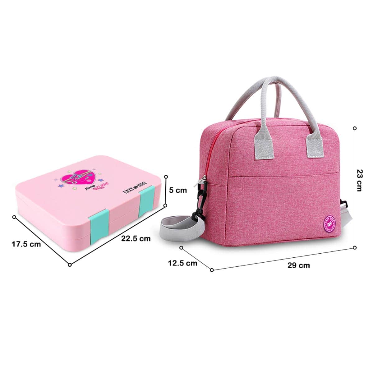 Eazy Kids Always Believe Pink Convertible Bento Lunch Box with Insulated Lunch Bag