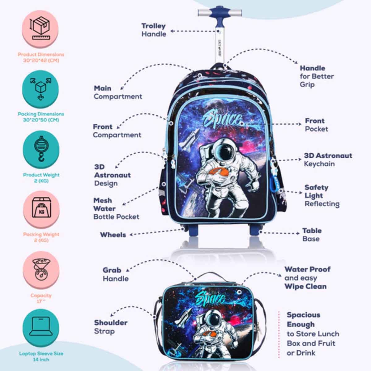 إيزي كيدز مجموعة 4 في 1 حقيبة مدرسية 18 إنش بتصميم رائد فضاء مع حقيبة غداء وحقيبة نشاط وحقيبة أقلام