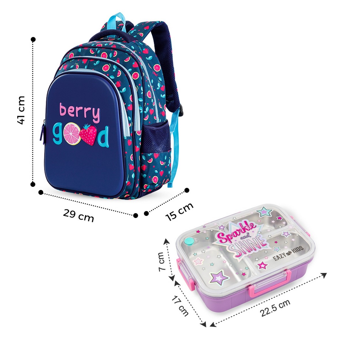 Eazy Kids Berry Good School Bag with Stainless Steel Bento Lunch Box
