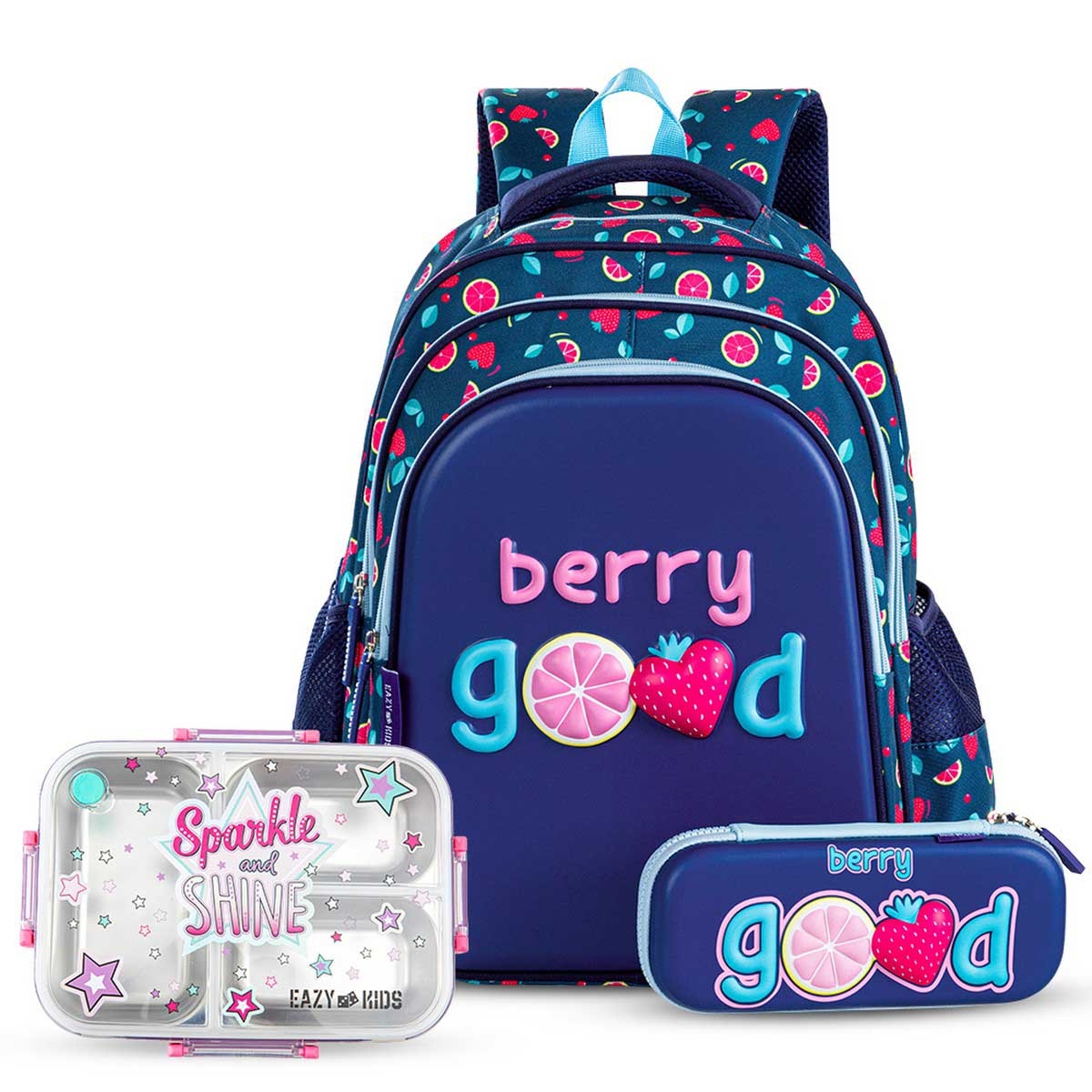Eazy Kids Berry Good School Bag with Stainless Steel Bento Lunch Box