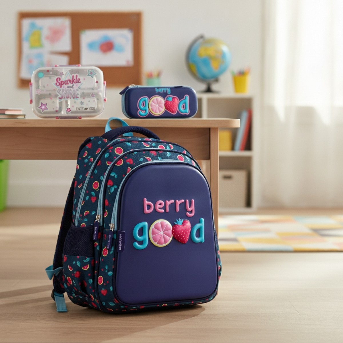 Eazy Kids Berry Good School Bag with Stainless Steel Bento Lunch Box