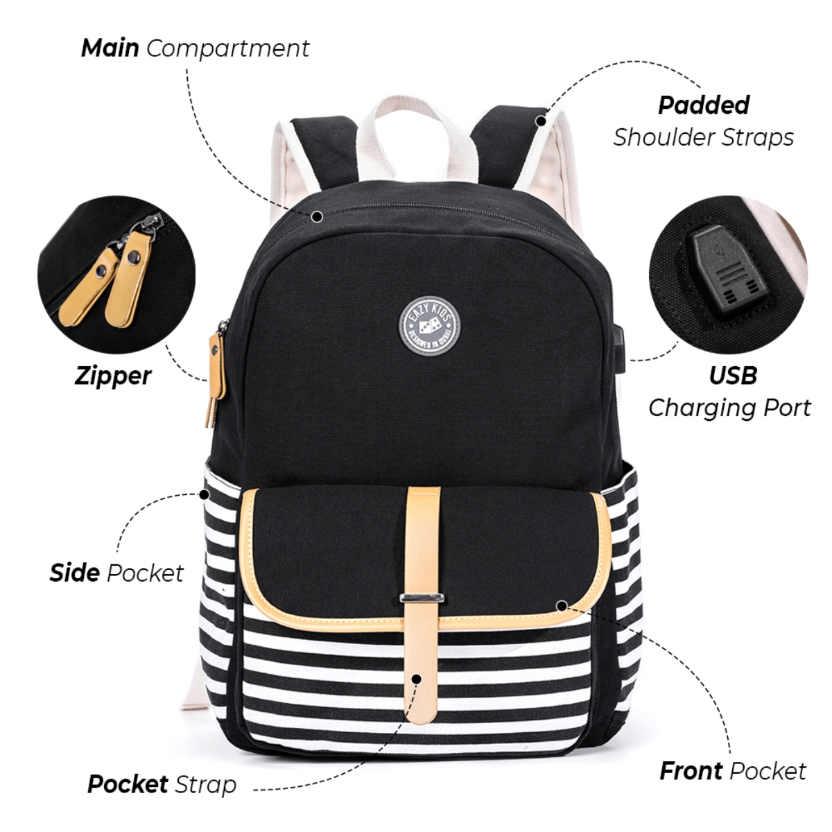 Eazy Kids Black Classic School Bag Unisex, 3-4 Years