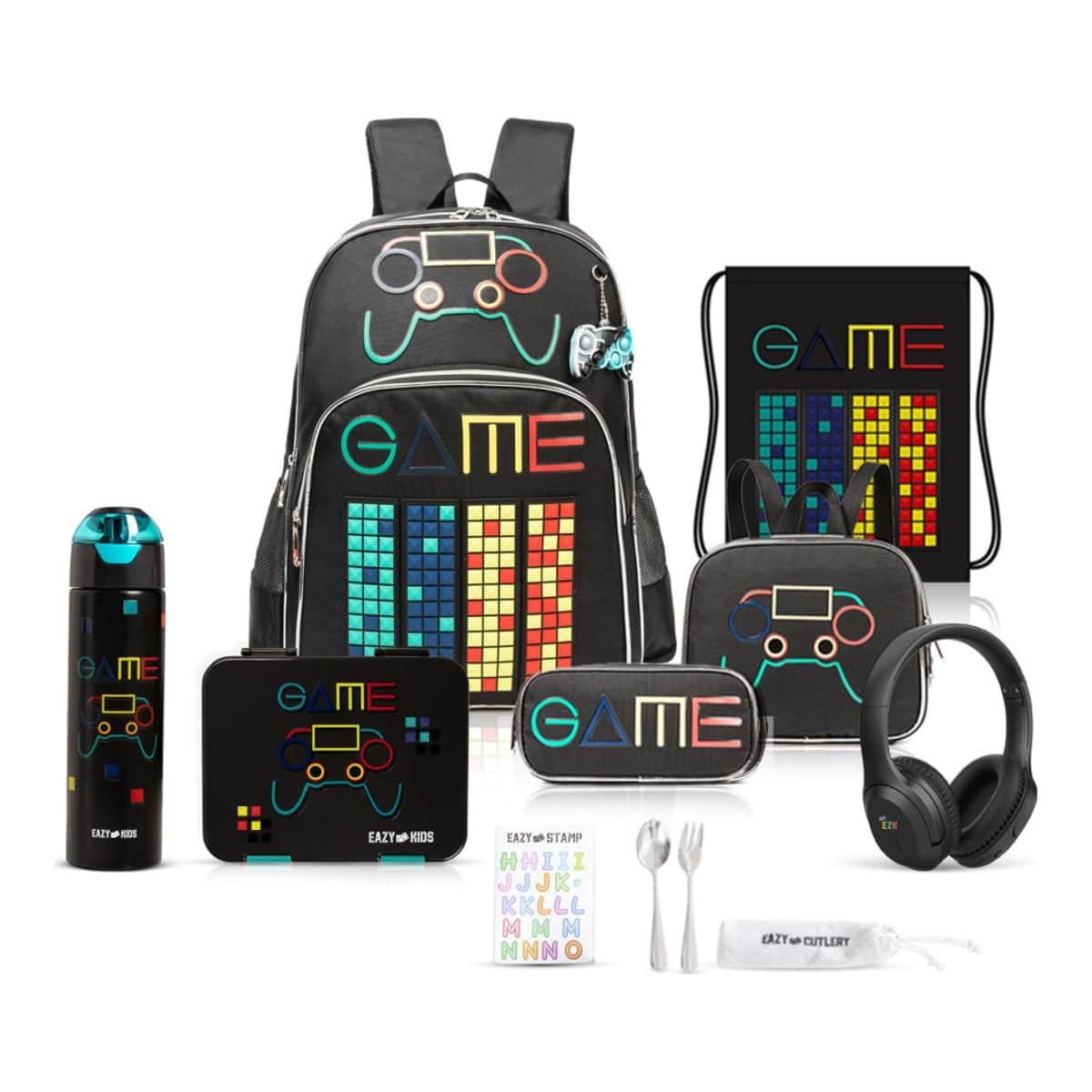 Eazy Kids Black Gen Z Gamer 17" School Bag with Water Bottle, Lunch Box, Lunch Bag, Activity Bag, Pencil Case & Headset Set
