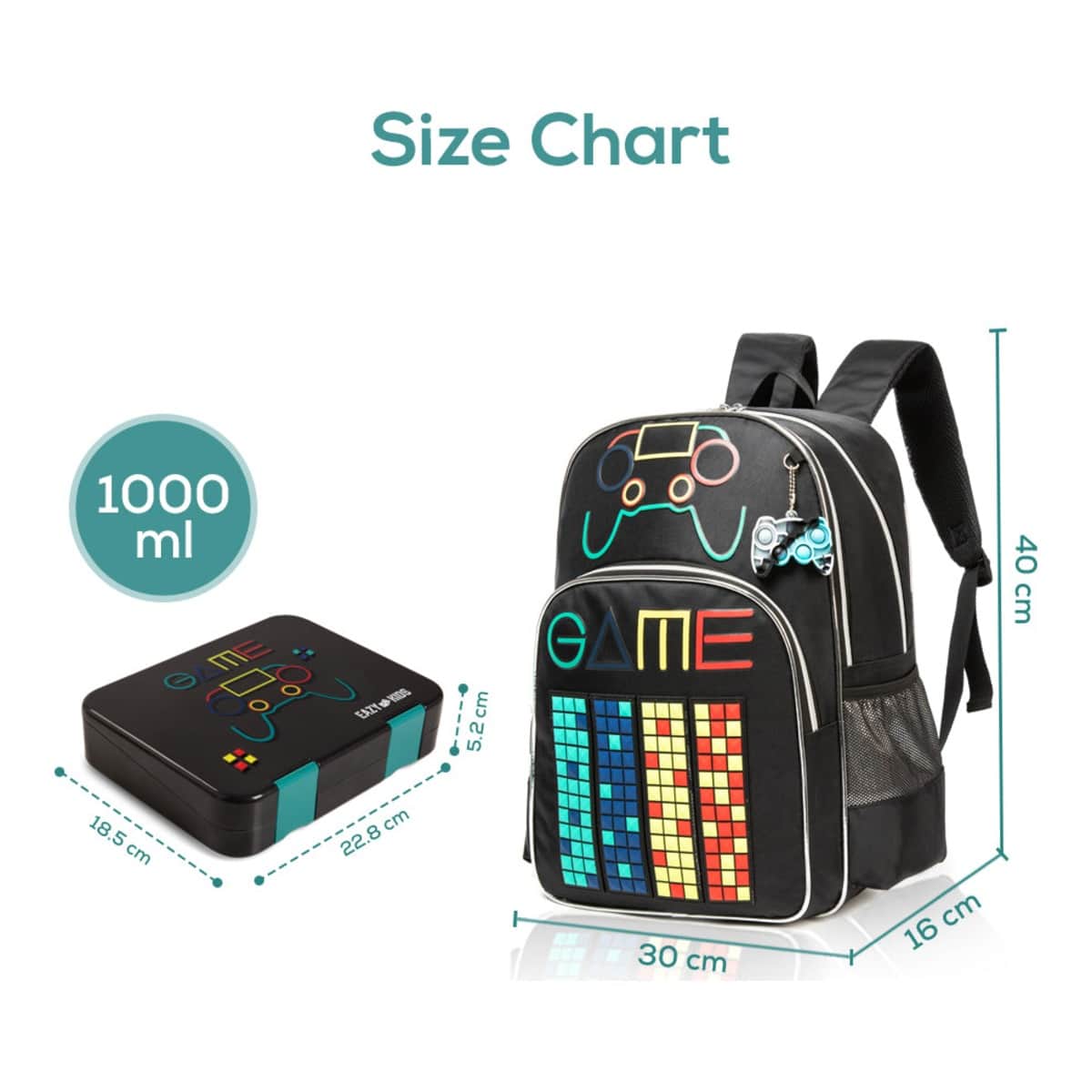 Eazy Kids Black Gen Z Gamer 17" School Bag with Water Bottle, Lunch Box, Lunch Bag, Activity Bag, Pencil Case & Headset Set