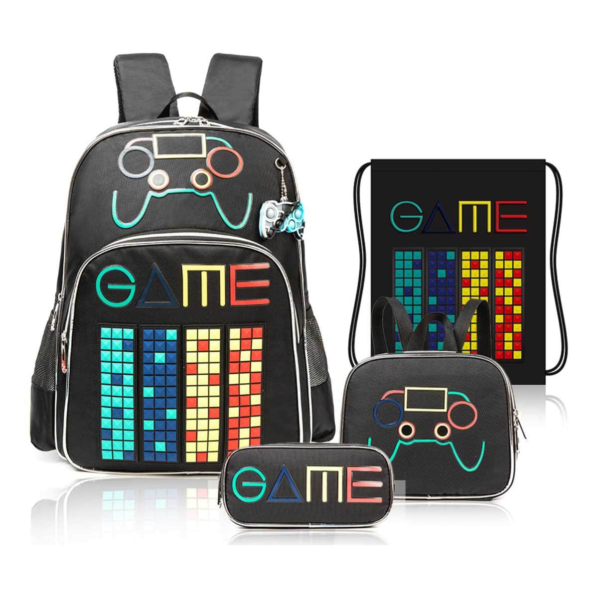 Eazy Kids Black Gen Z Gamer 17" School Bag with Water Bottle, Lunch Box, Lunch Bag, Activity Bag, Pencil Case & Headset Set