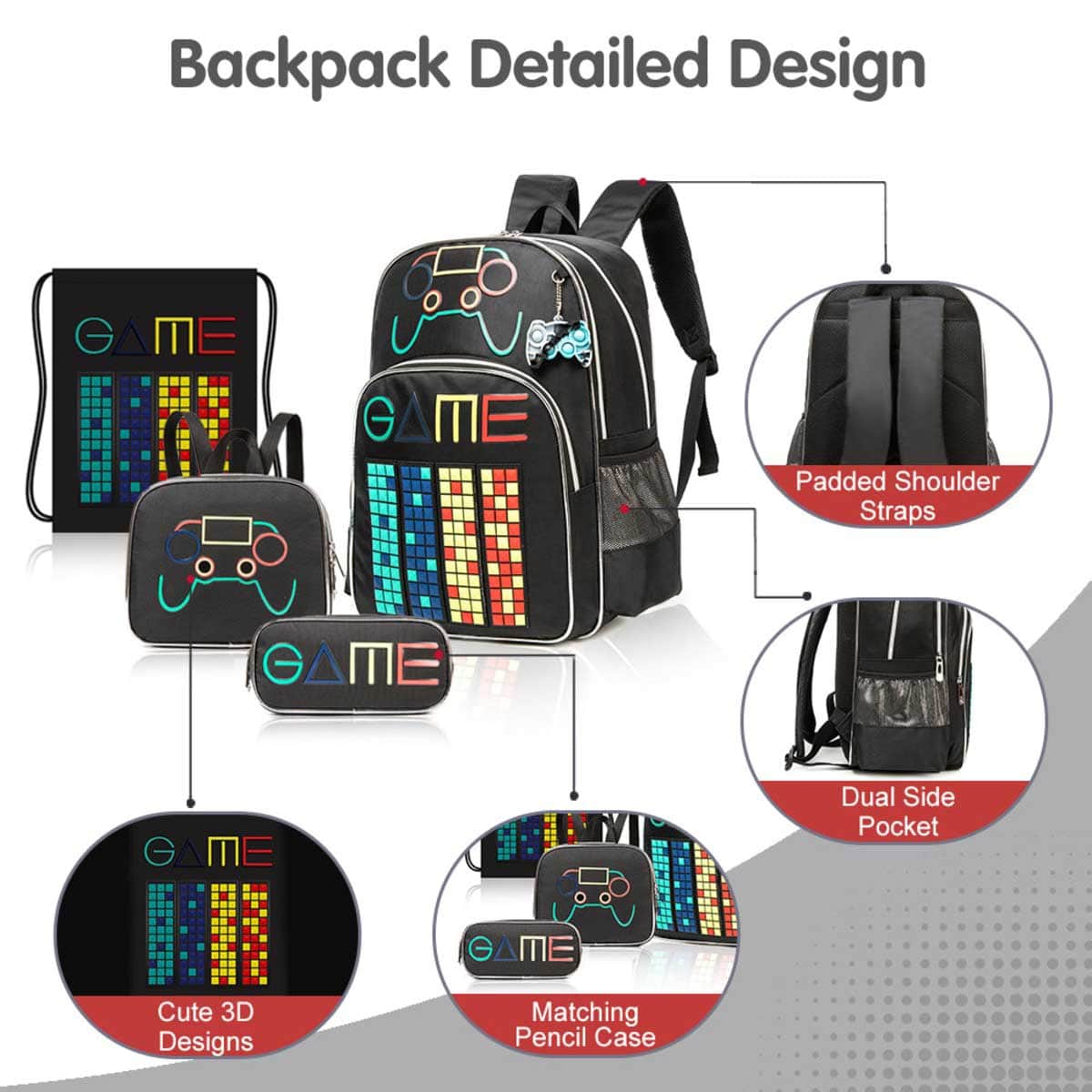 Eazy Kids Black Gen Z Gamer 17" School Bag with Water Bottle, Lunch Box, Lunch Bag, Activity Bag, Pencil Case & Headset Set