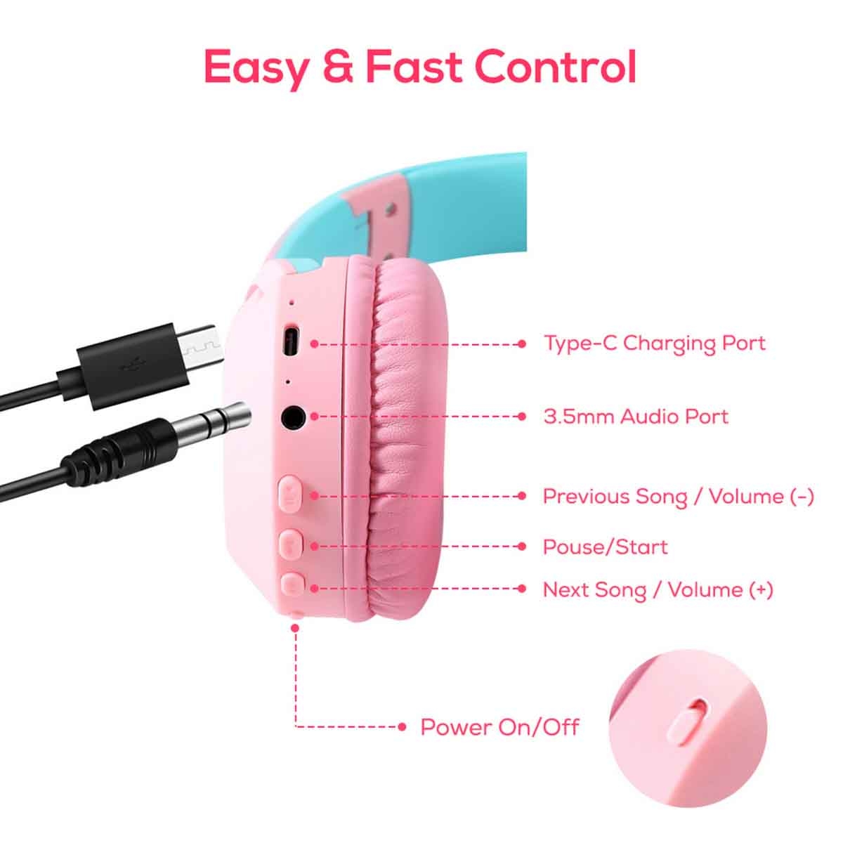 إيزي كيدز سماعة بلوتوث لاسلكية إصدار 5.4 باللون الوردي