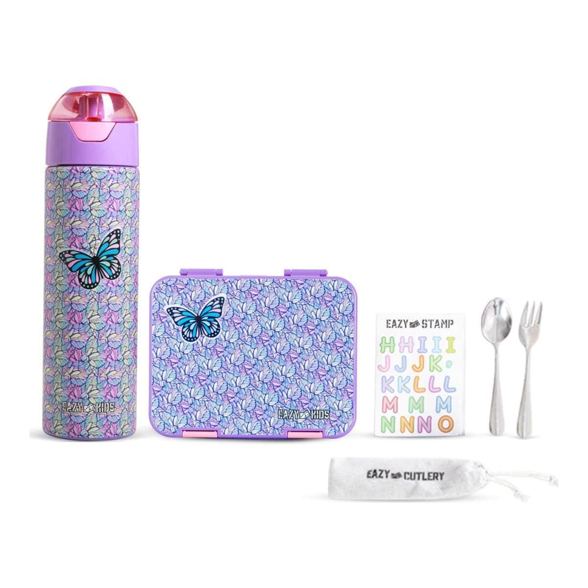 Eazy Kids Butterfly 6 & 4 Convertible Bento Lunch Box with Water Bottle, Spoon, Fork & Alphabet Stickers Set