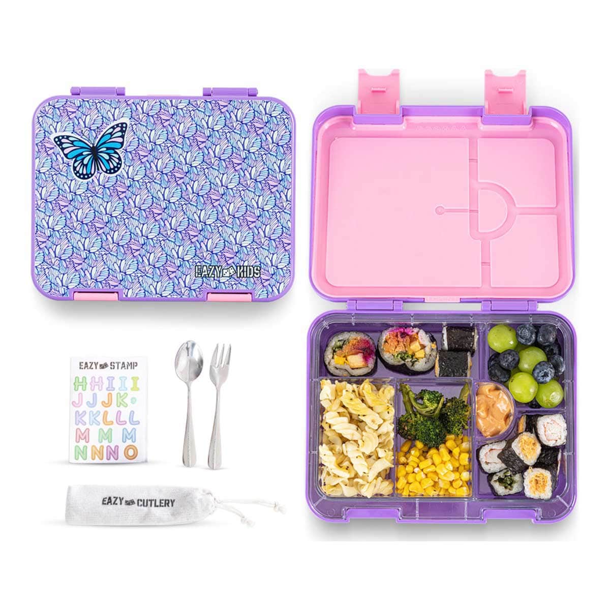 Eazy Kids Butterfly 6 & 4 Convertible Bento Lunch Box with Water Bottle, Spoon, Fork & Alphabet Stickers Set
