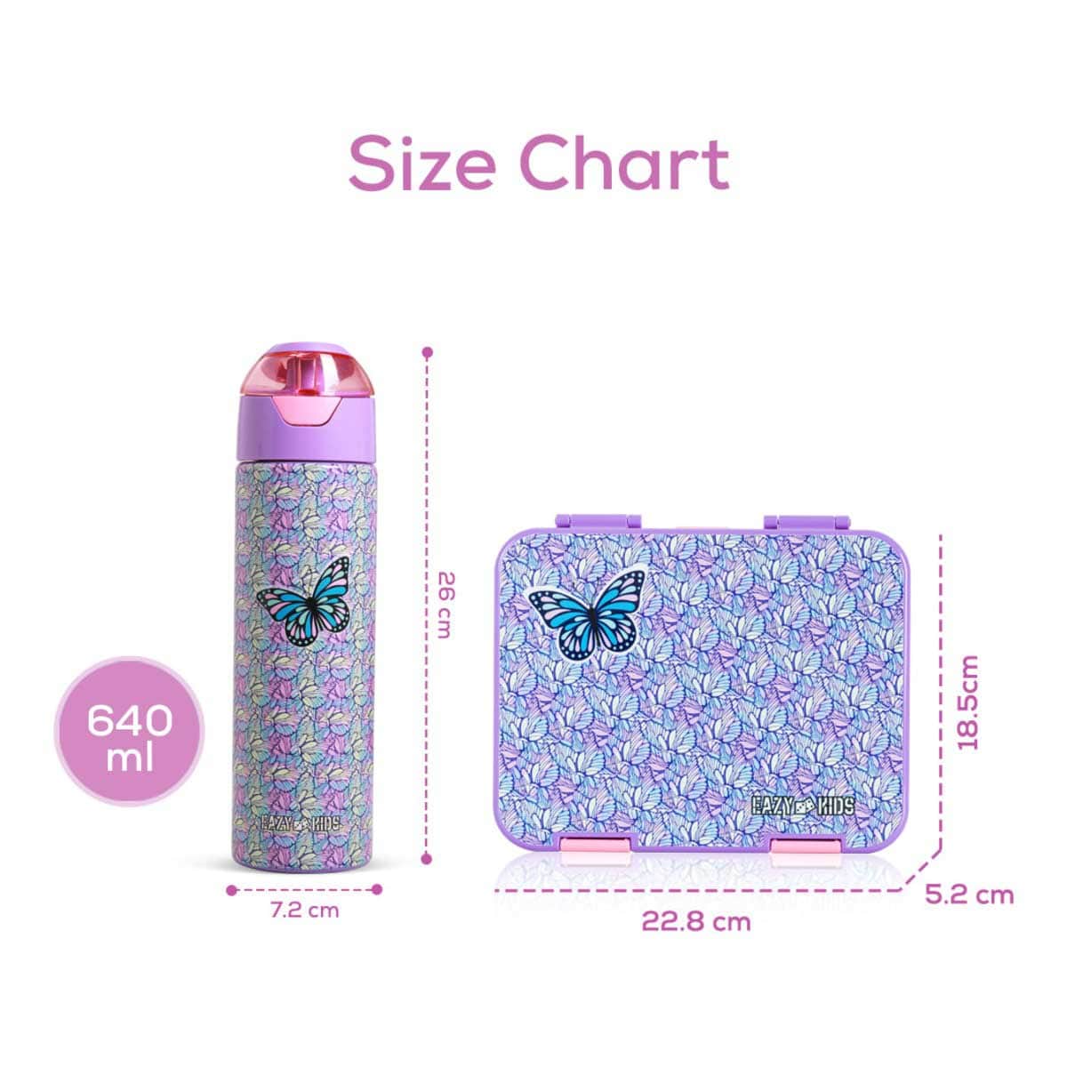 Eazy Kids Butterfly 6 & 4 Convertible Bento Lunch Box with Water Bottle, Spoon, Fork & Alphabet Stickers Set