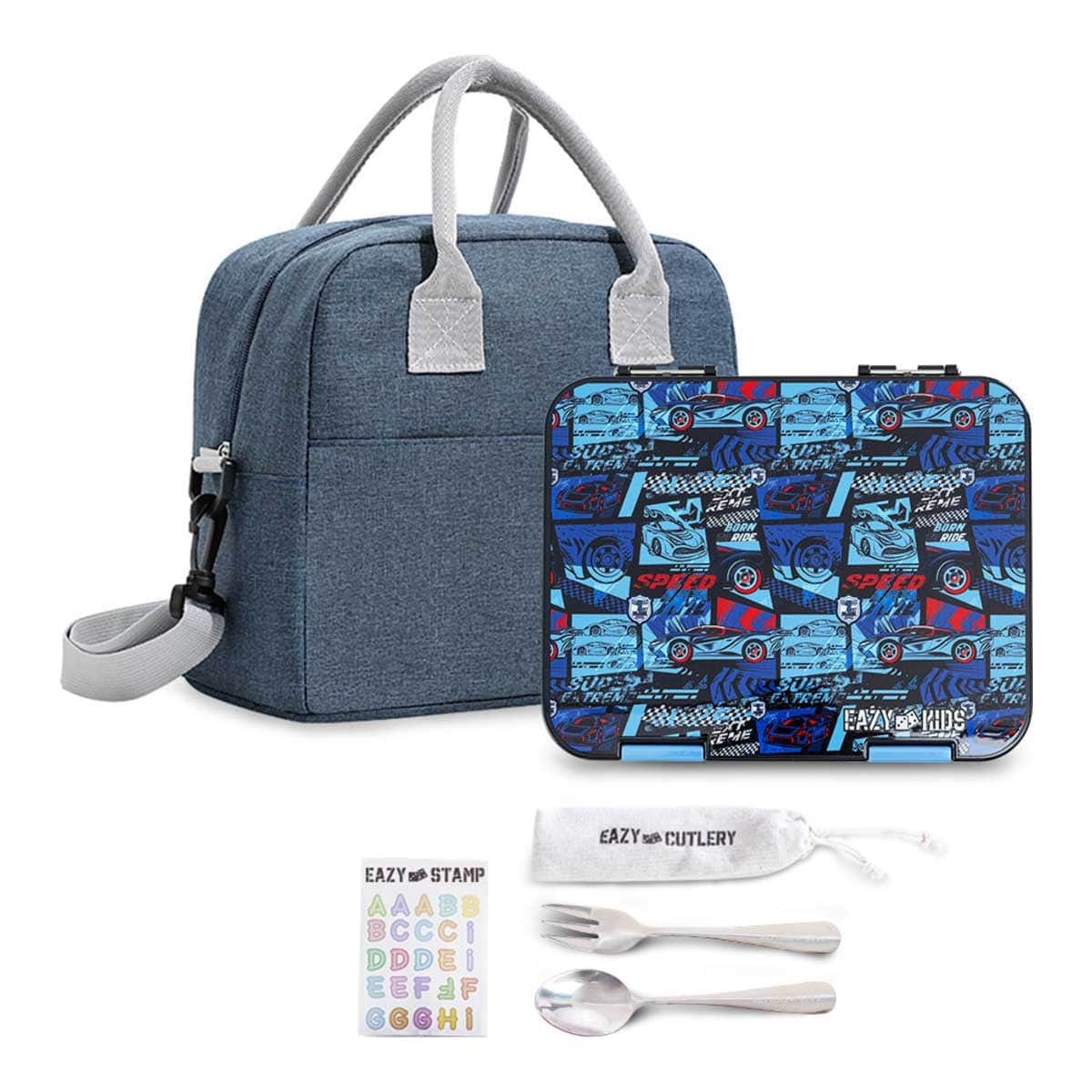 Eazy Kids Car Racing 6 & 4 Convertible Bento Lunch Box with Lunch Bag, Spoon, Fork & Alphabet Stickers Set