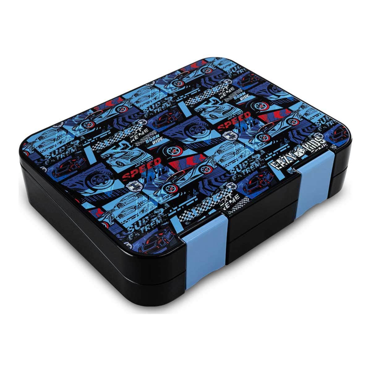 Eazy Kids Car Racing 6 & 4 Convertible Bento Lunch Box with Lunch Bag, Spoon, Fork & Alphabet Stickers Set