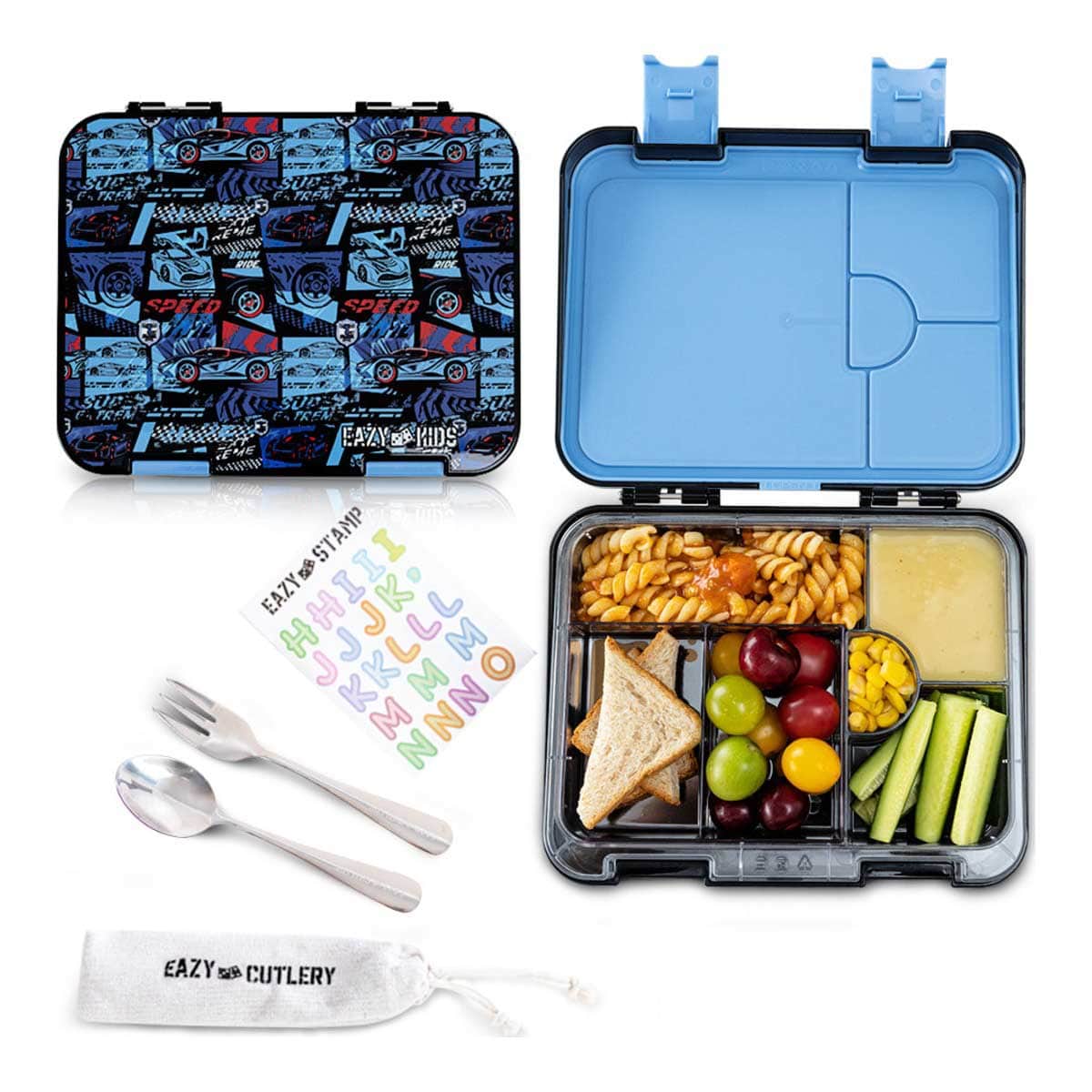 Eazy Kids Car Racing 6 & 4 Convertible Bento Lunch Box with Lunch Bag, Spoon, Fork & Alphabet Stickers Set