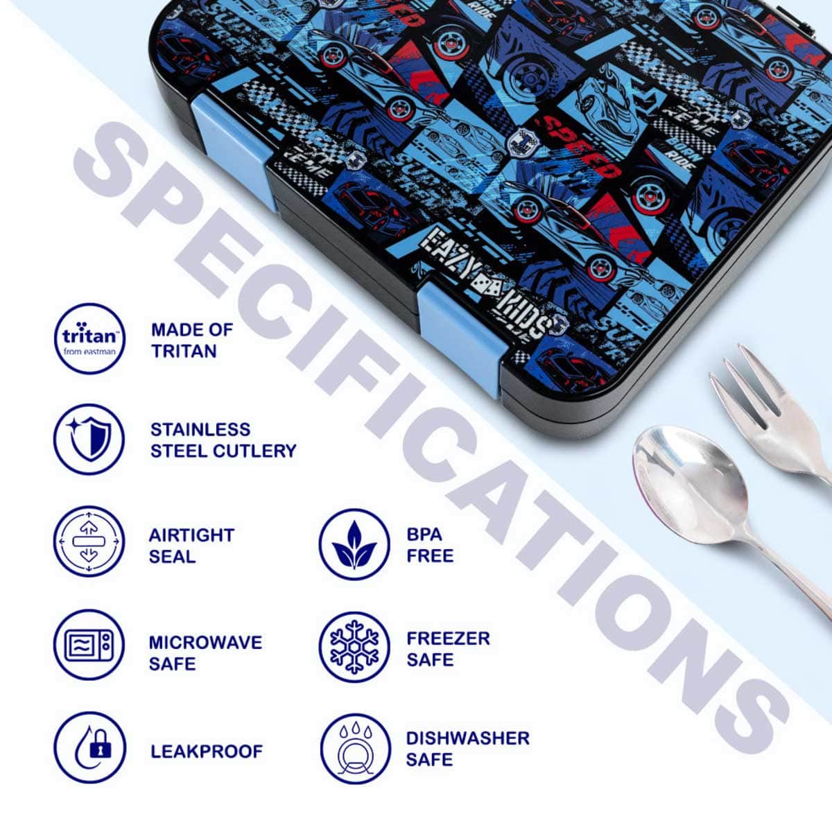 Eazy Kids Car Racing 6 & 4 Convertible Bento Lunch Box with Lunch Bag, Spoon, Fork & Alphabet Stickers Set