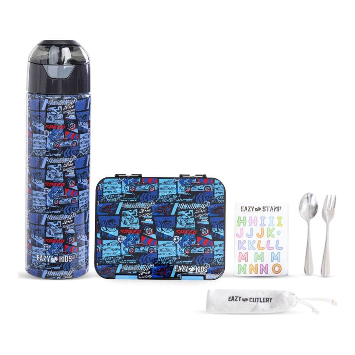 Eazy Kids Car Racing 6 & 4 Convertible Bento Lunch Box with Water Bottle, Spoon, Fork & Alphabet Stickers Set