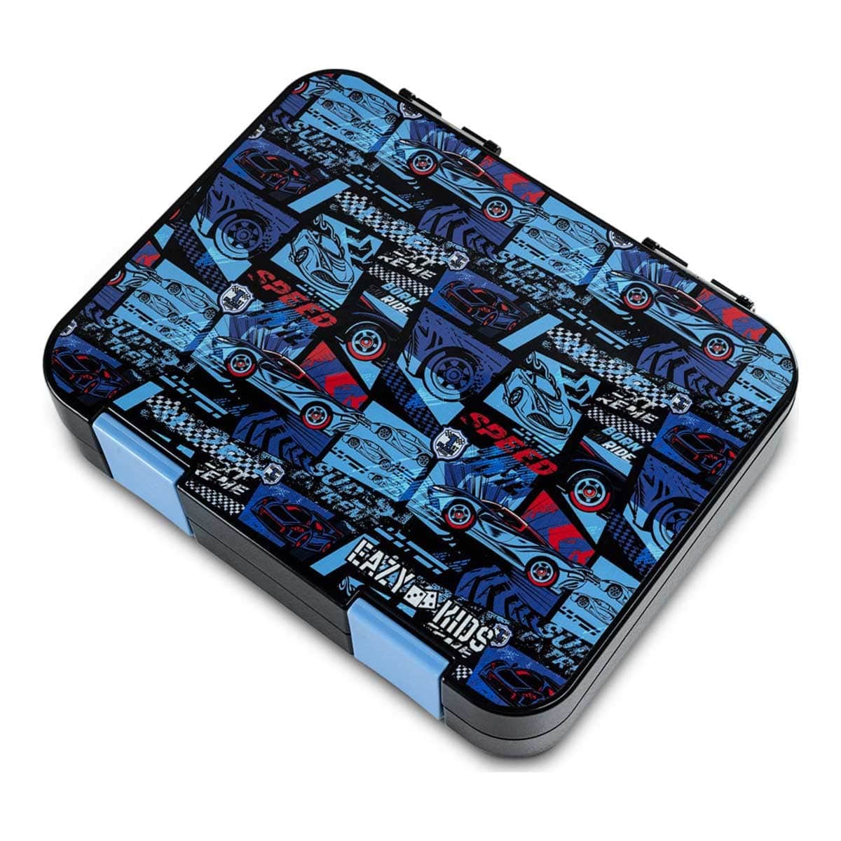 Eazy Kids Car Racing Blue 6 & 4 Convertible Bento Lunch Box with Spoon, Fork & Alphabet Stickers Set