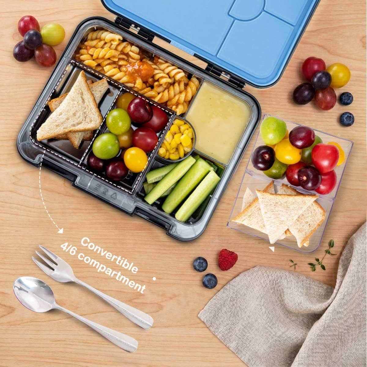 Eazy Kids Car Racing Blue 6 & 4 Convertible Bento Lunch Box with Spoon, Fork & Alphabet Stickers Set