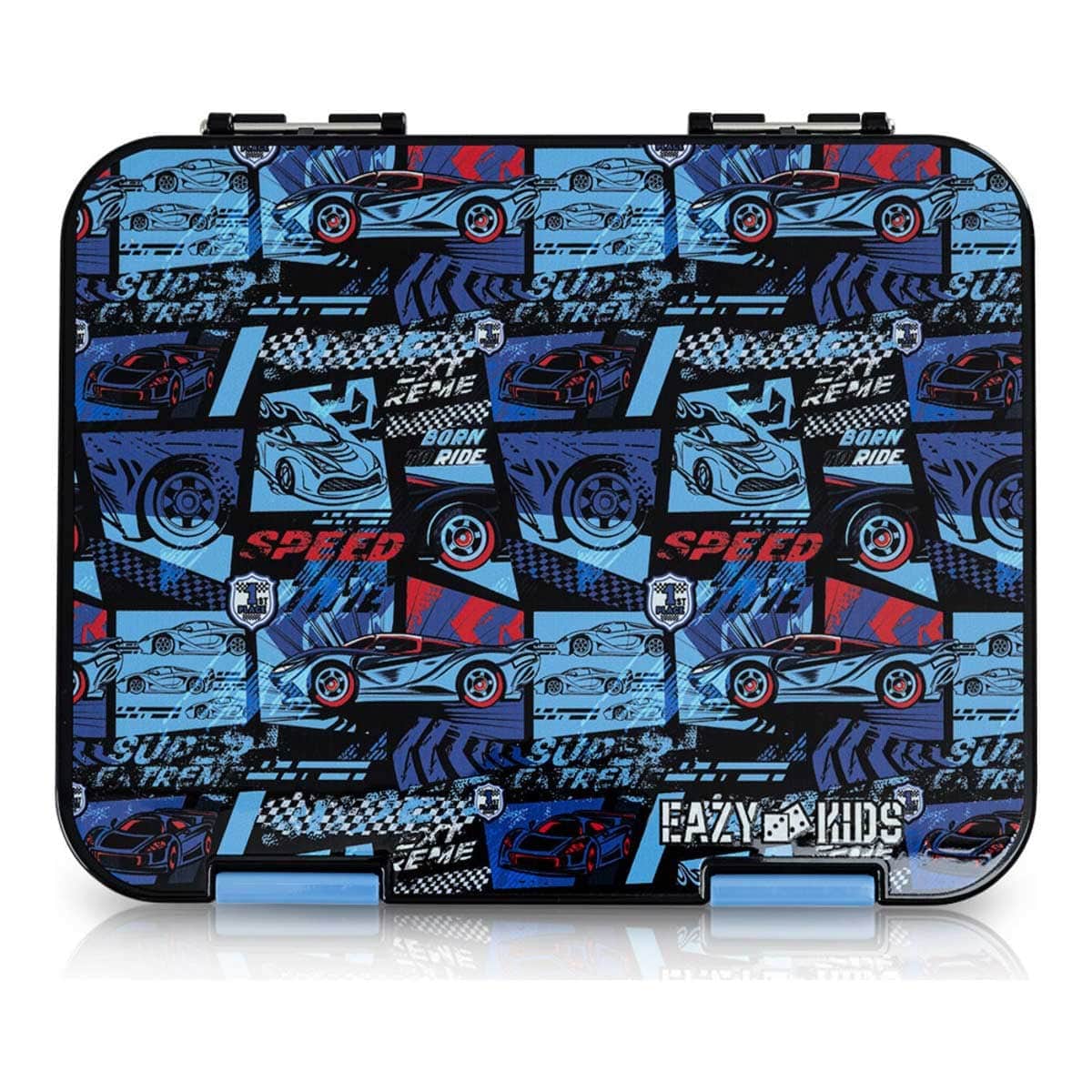 Eazy Kids Car Racing Blue 6 & 4 Convertible Bento Lunch Box with Spoon, Fork & Alphabet Stickers Set