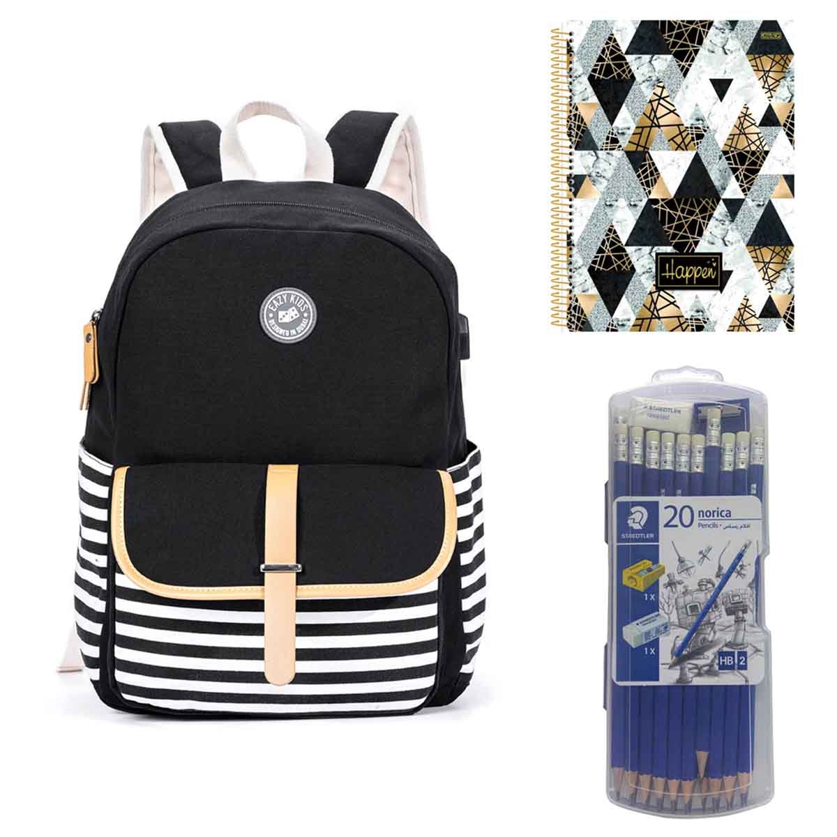 Eazy Kids Classic School Bag with SD Inovacoes Grafica Notebook & Staedtler Pencils Set Combo Pack