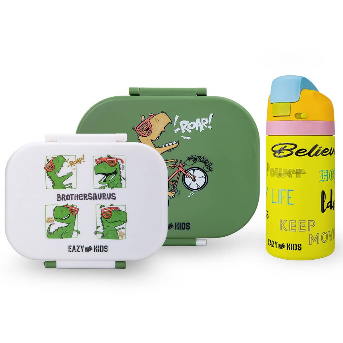 Eazy Kids Dino Green Bento Lunch Box with 445ml Stainless Steel Water Bottle Set