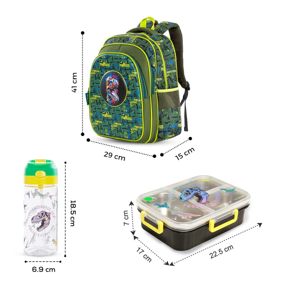 Eazy Kids Dino School Bag & Bento Lunch Box with Spray Water Bottle