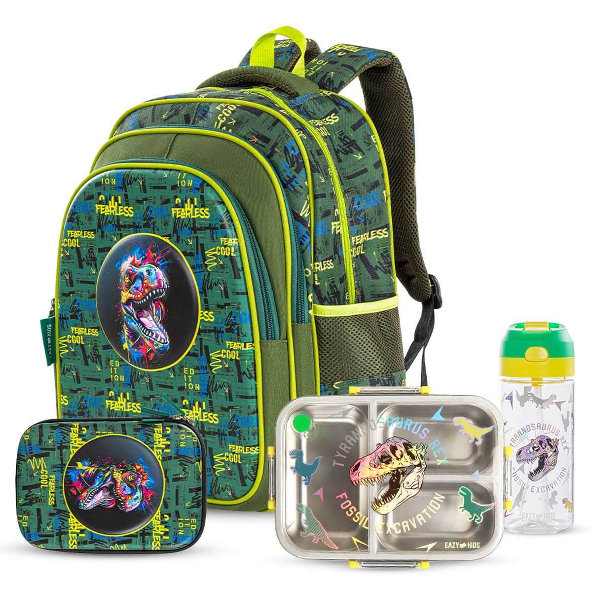 Eazy Kids Dino School Bag & Bento Lunch Box with Spray Water Bottle