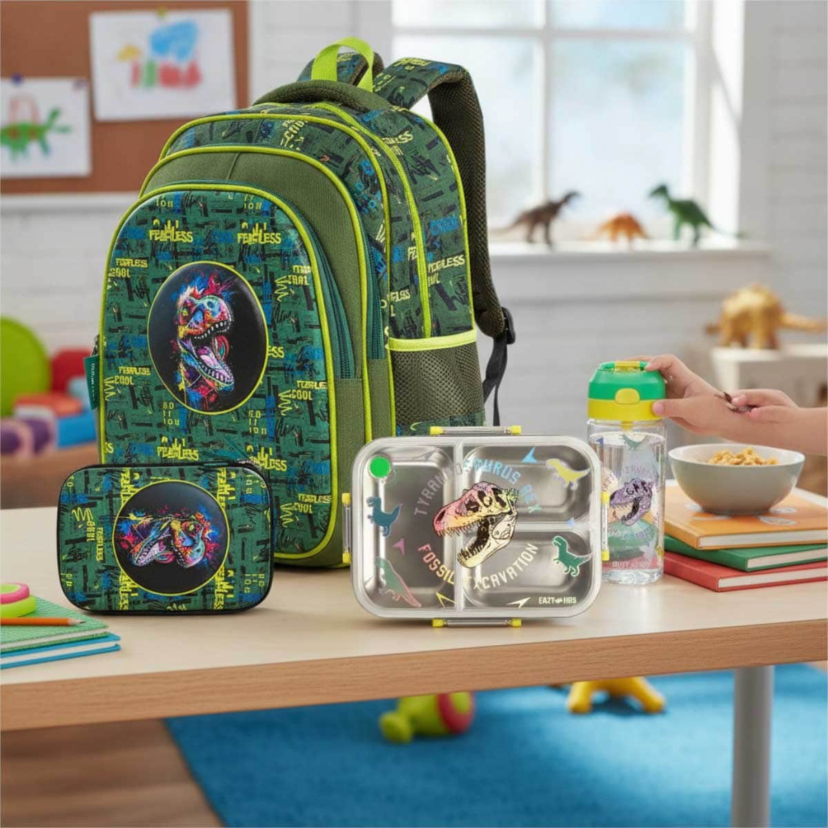 Eazy Kids Dino School Bag & Bento Lunch Box with Spray Water Bottle