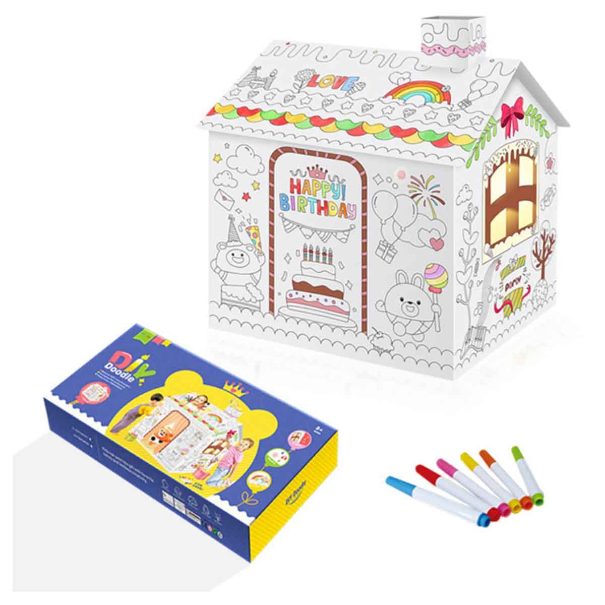 Eazy Kids Happy Birthday House DIY Doodle Coloring Kit with 6 Sketch Pens
