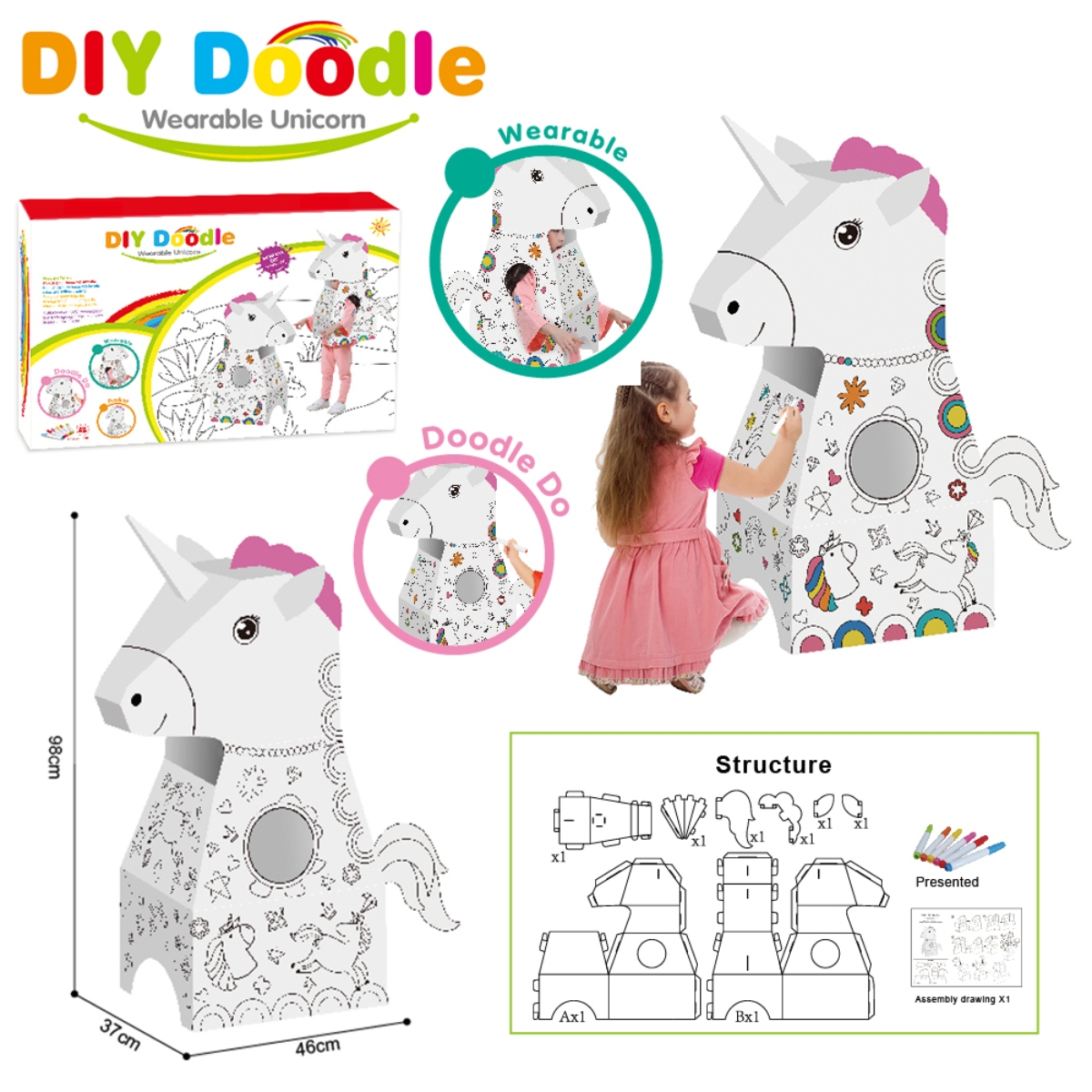 Eazy Kids Doodle Art & Craft Coloring Wearable Unicorn Set Unisex, 3-4 Years